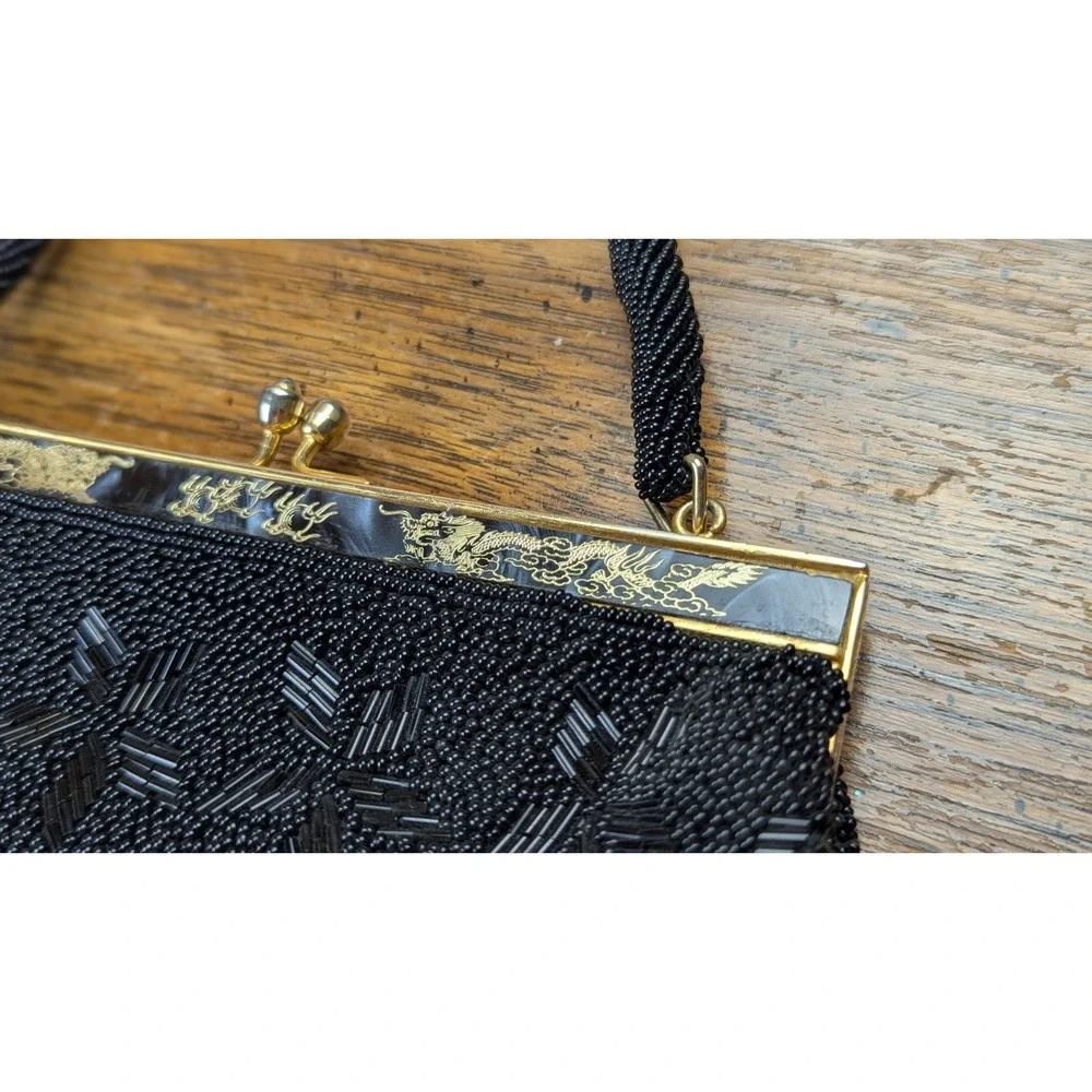 Vintage Beaded Kimono Kiss Lock Purse Pouch Handbag Black Handmade In Hong Kong
